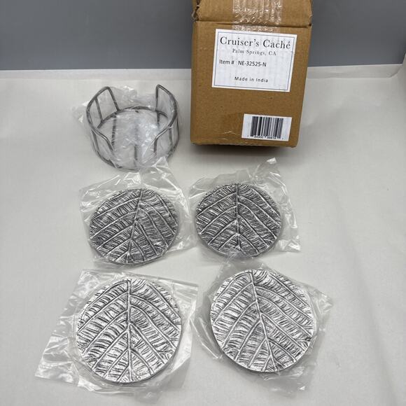Cruiser's Cache Other - Cruiser’s Caché Drink Coasters with Holder, Embossed Leaf Pattern Set of 4 Metal